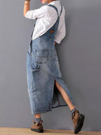 Women’s Distressed Denim Overalls Dress – Back Slit Mobility, Hand-Abraded Texture & Urban Nomad Majesty