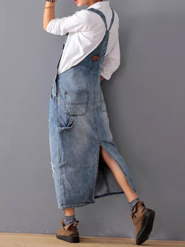 Back view of Women’s Distressed Denim Overalls Dress highlighting the slit.