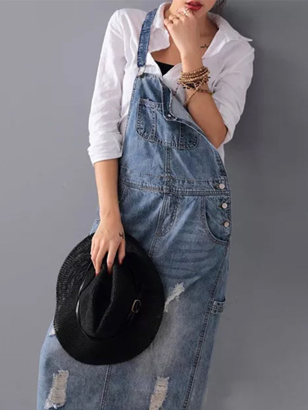 Women’s Distressed Denim Overalls Dress – Back Slit Mobility, Hand-Abraded Texture & Urban Nomad Majesty