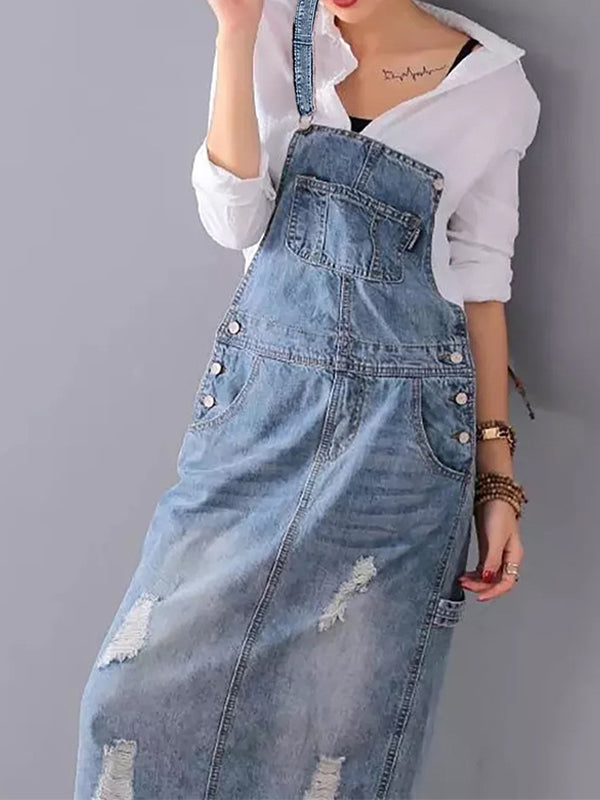 Side view of Women’s Distressed Denim Overalls Dress in Dark Blue.