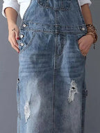 Women’s Distressed Denim Overalls Dress – Back Slit Mobility, Hand-Abraded Texture & Urban Nomad Majesty