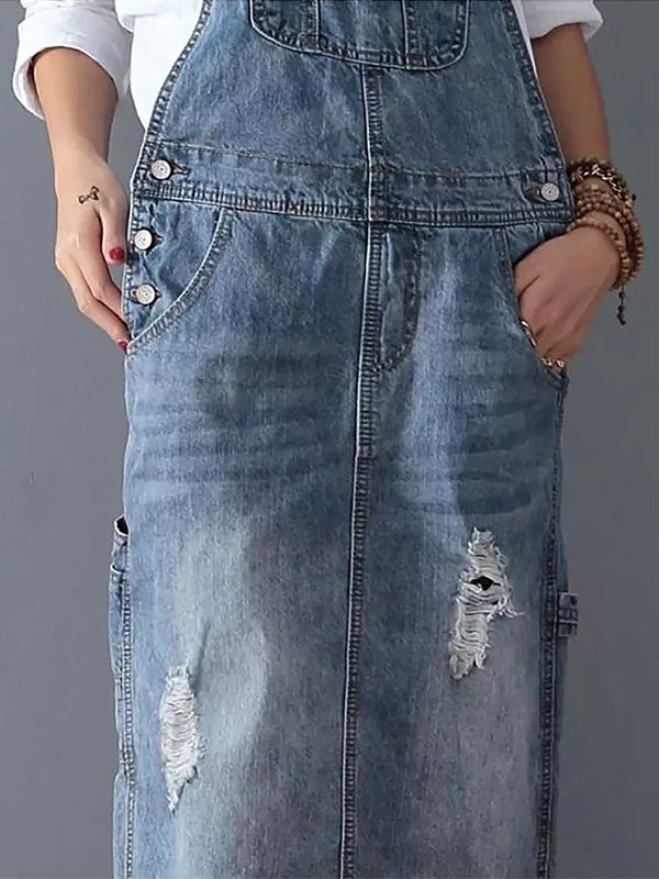 Women’s Distressed Denim Overalls Dress – Back Slit Mobility, Hand-Abraded Texture & Urban Nomad Majesty