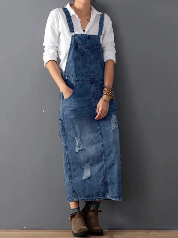Full view of Women’s Distressed Denim Overalls Dress in Light Blue.