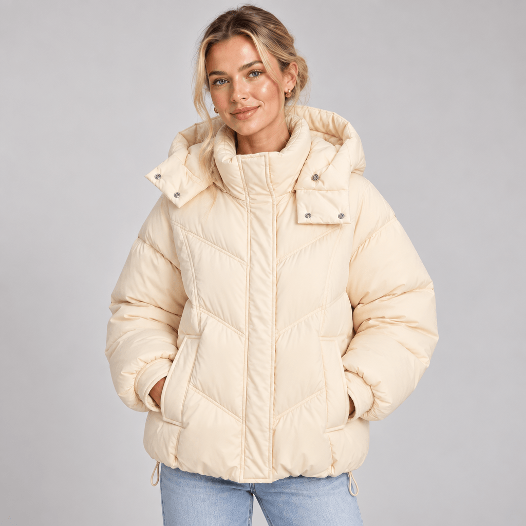 Beige Hooded Puffer Jacket Women Oversized Quilted Padded 1