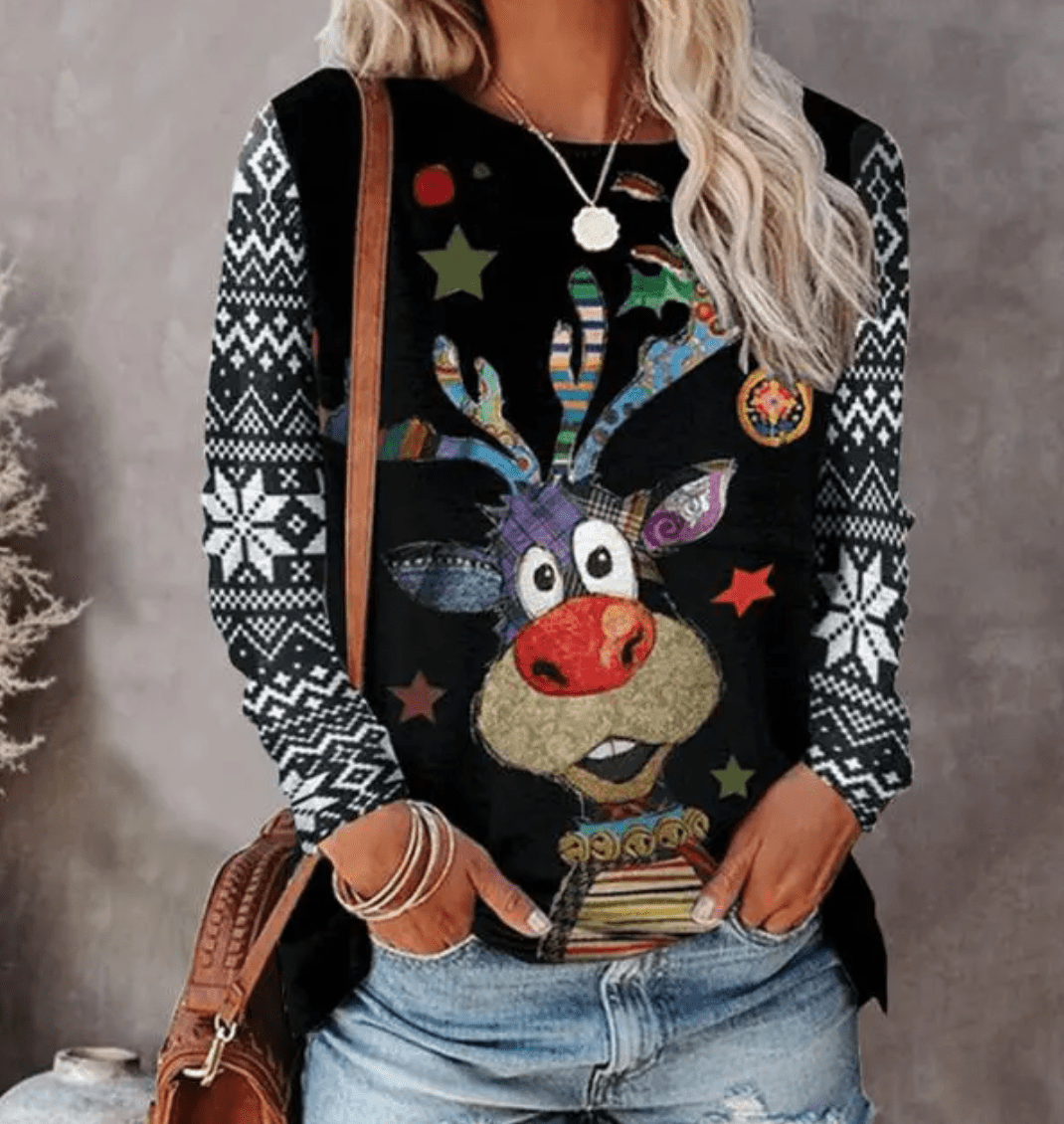 Women's Christmas Sweater – Holiday Pullover with Festive Pattern, 3 Colors, S–3XL – Amore Black