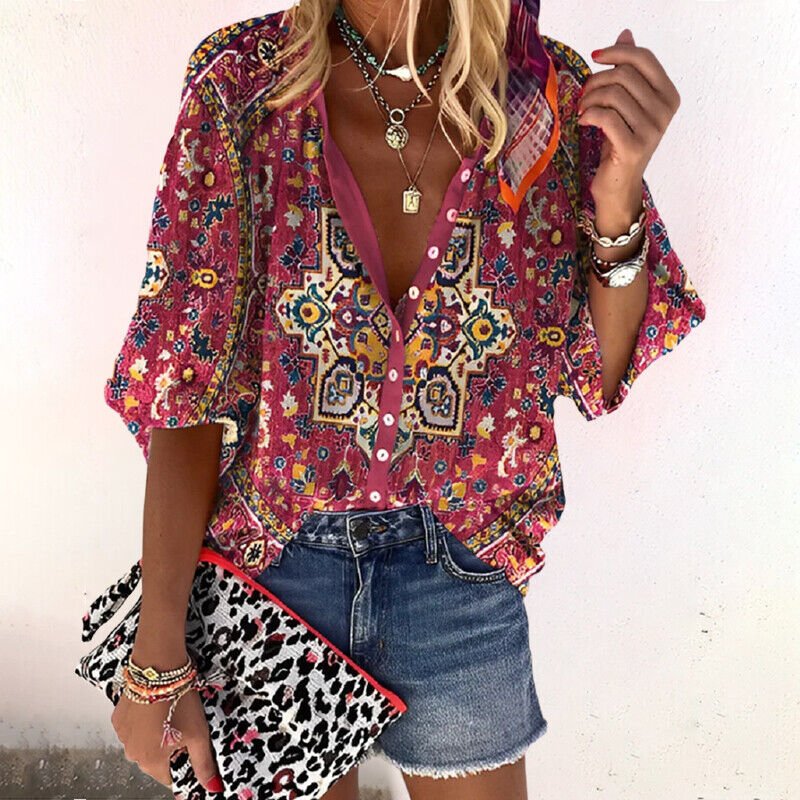 Floral Blouse Women | Button Closure & Comfortable Half Sleeves Red