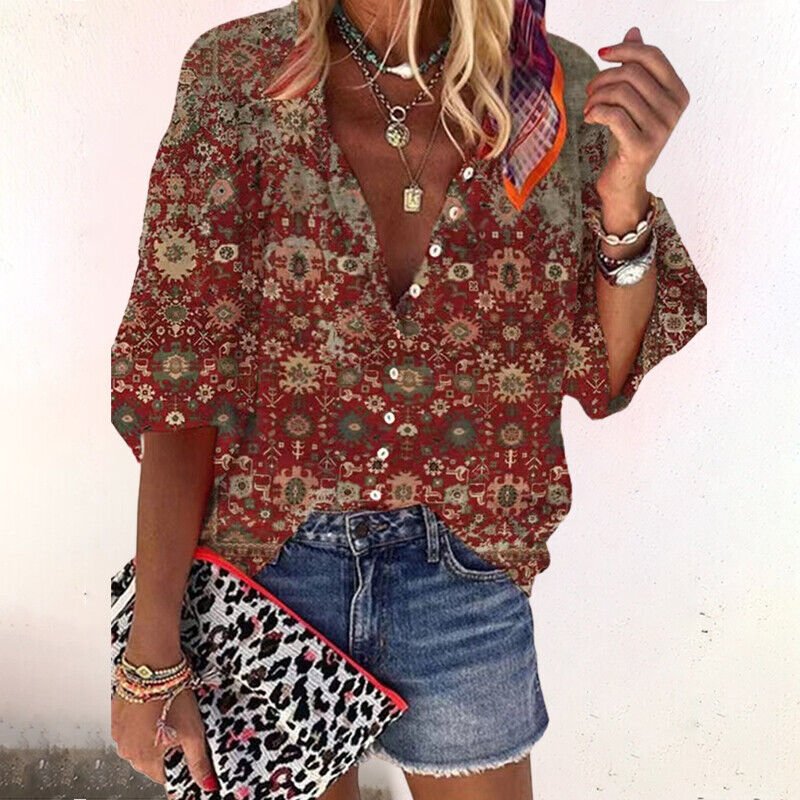 Floral Blouse Women | Button Closure & Comfortable Half Sleeves Brown