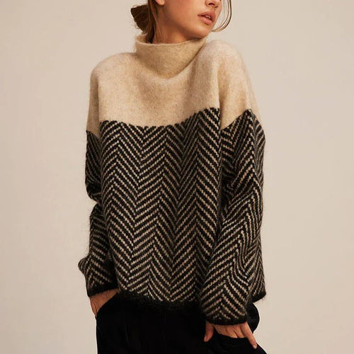 Chāme | Women's Contrast Panel Knit Sweater - Long Sleeve Two-Tone Pullover Beige One size