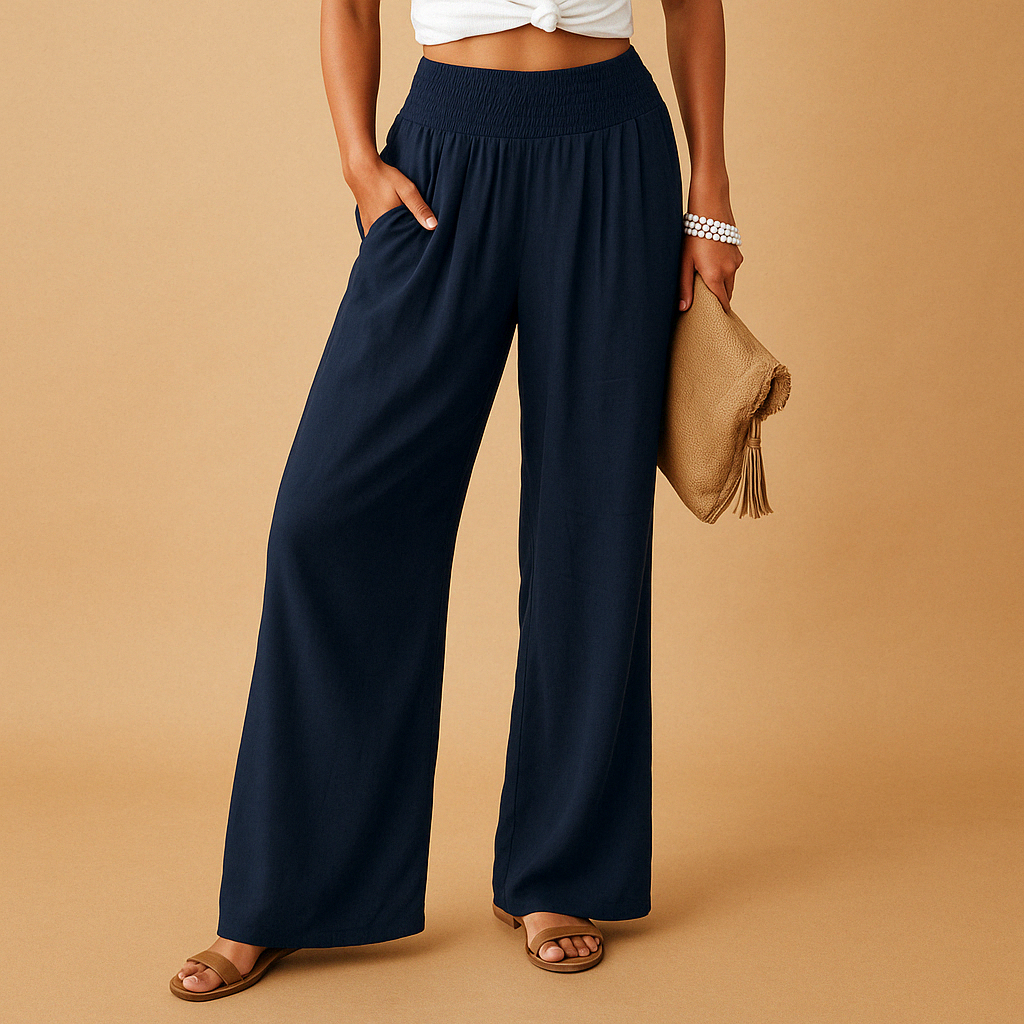 Pamelo | Women’s Trousers with Wide Legs and Elastic Waist Navy Blue