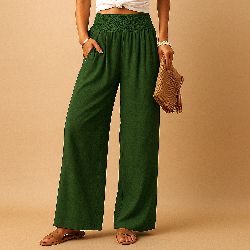 Pamelo | Women’s Trousers with Wide Legs and Elastic Waist Dark Green