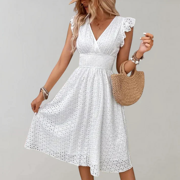Solis | Women’s Flutter Sleeves Midi Dress White