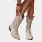 Boots For Women | Mid Calf Block Heel With Perforated Shaft Beige