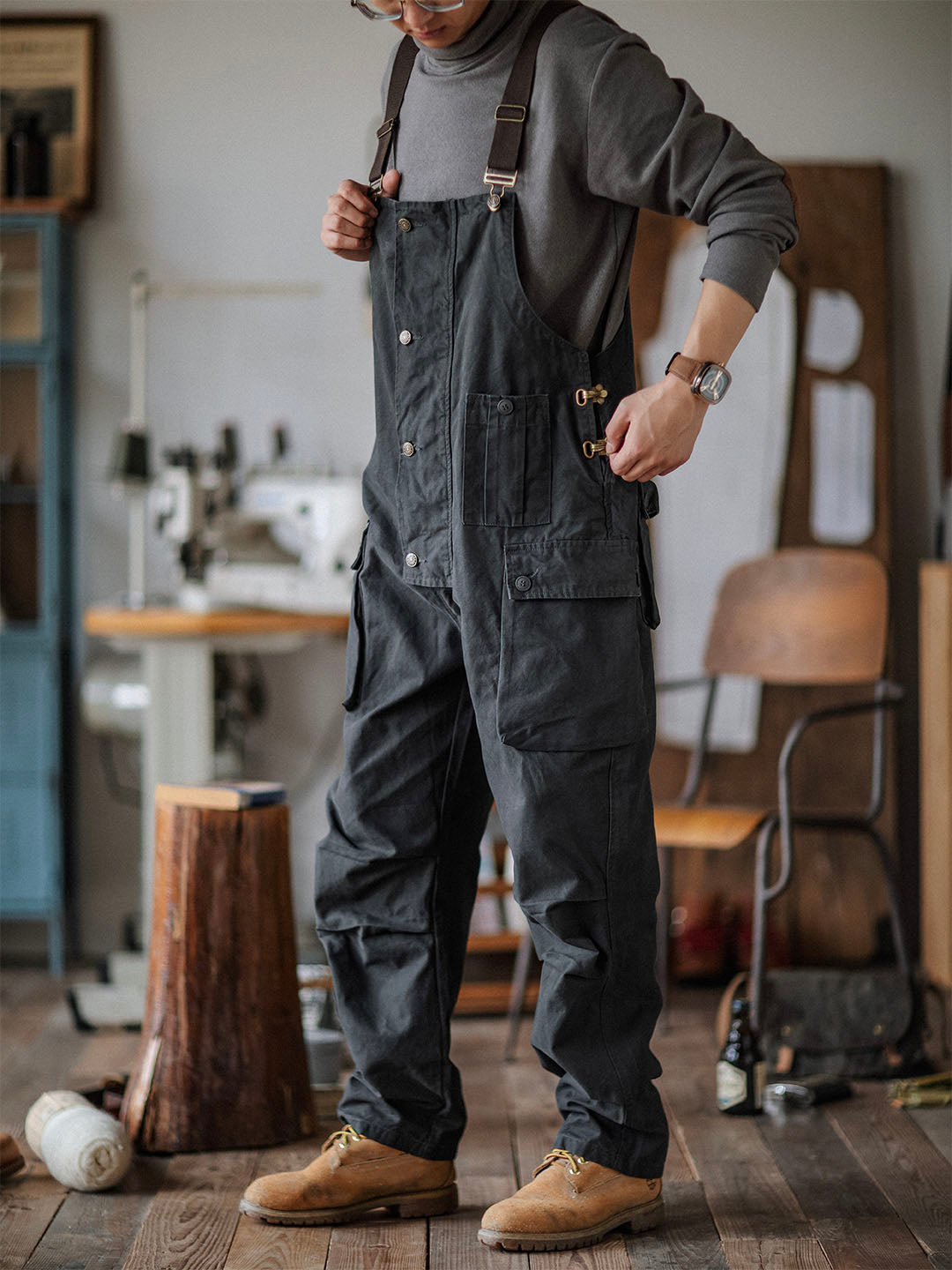 Men's Carver Canvas Overalls in Dark Olive, double-stitched resilience.