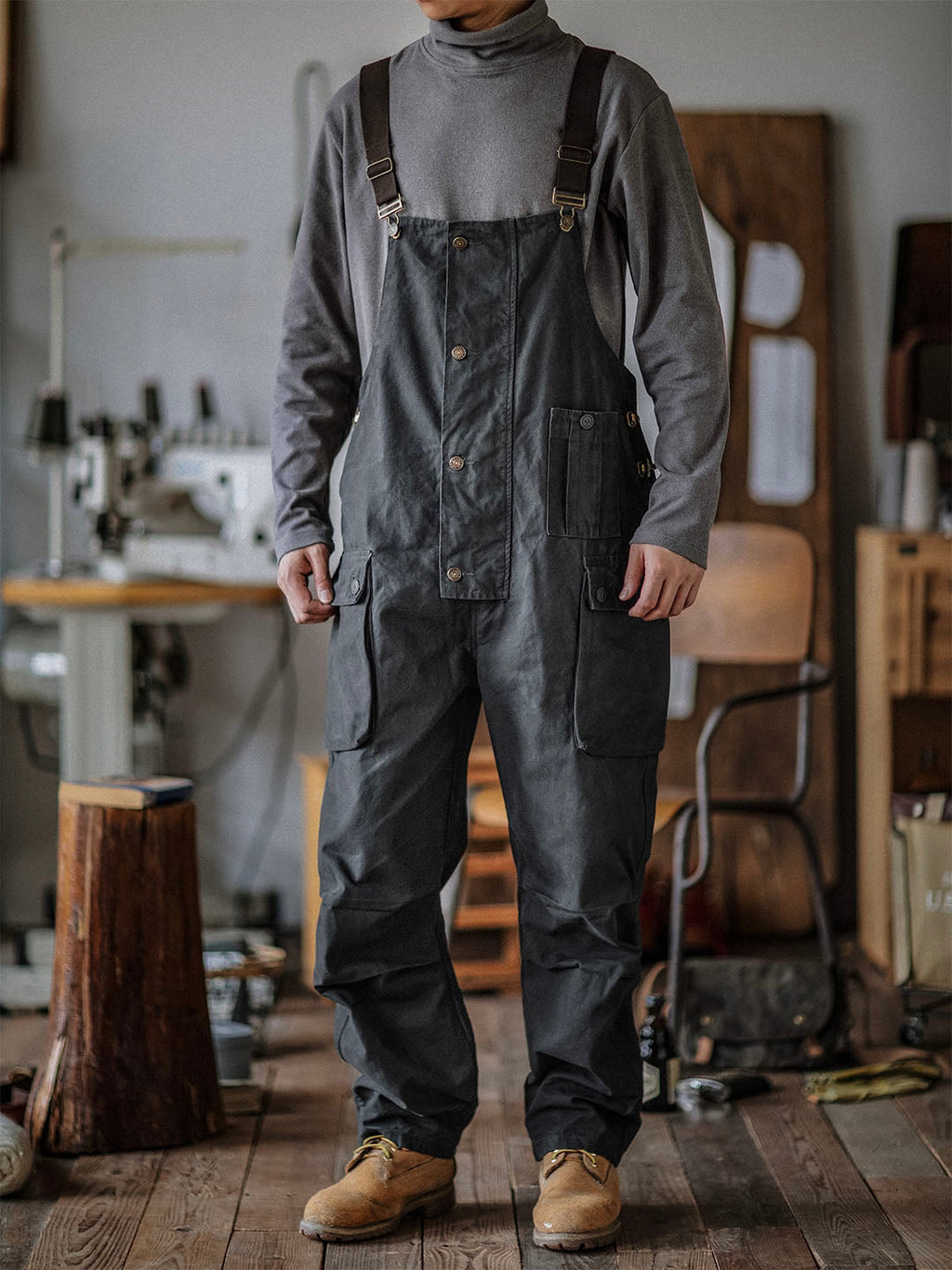 Men's Carver Canvas Overalls in Khaki, utilitarian design.