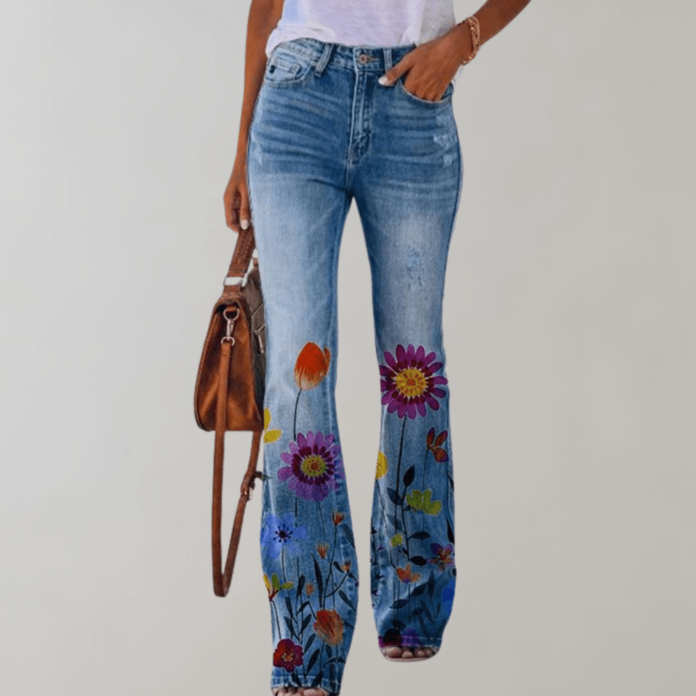 Women's Straight-leg Jeans with Floral Print | Casual Purple Flower