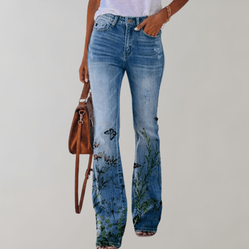 Women's Straight-leg Jeans with Floral Print | Casual black butterfly