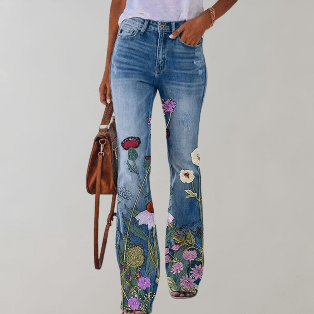 Women's Straight-leg Jeans with Floral Print | Casual red flower