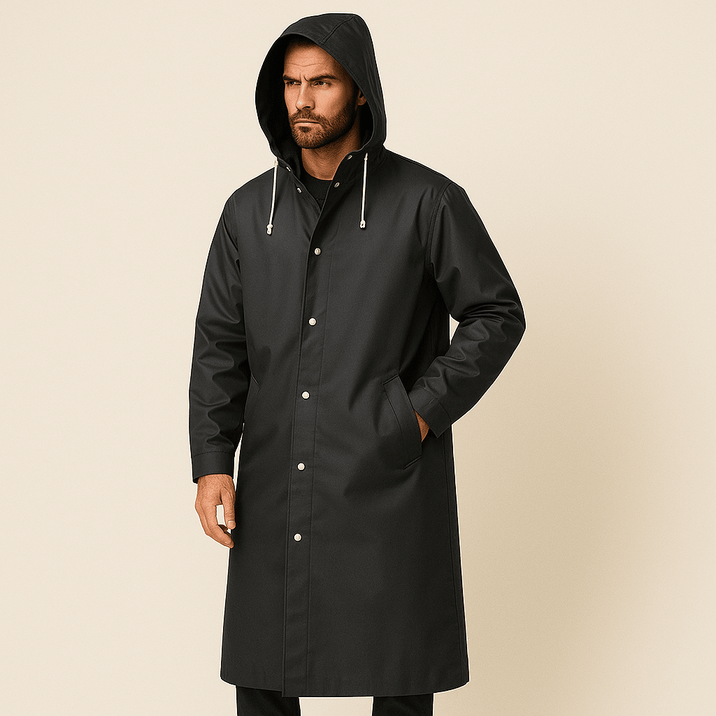 Calico | Men’s Raincoat – Long Waterproof Breathable Coat with Adjustable Hood Black