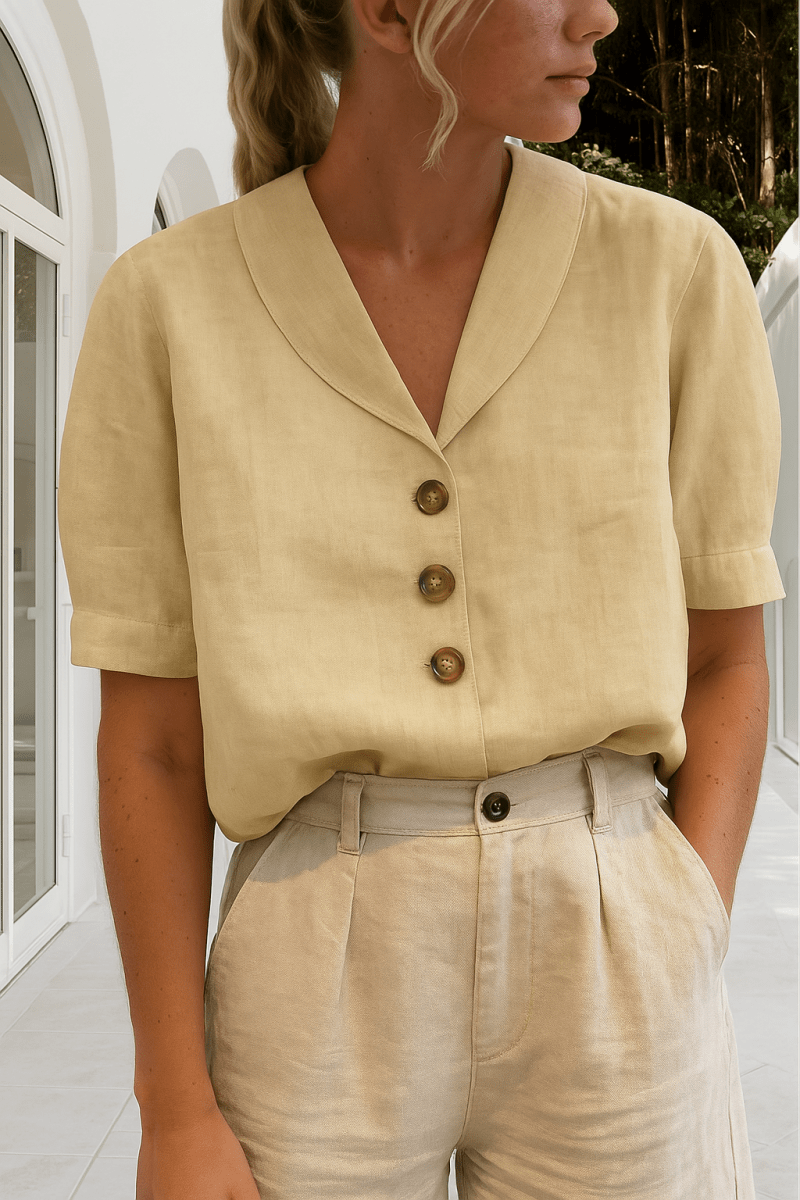 Roque | Women’s Blouse | Short Sleeve Button-Up Beige