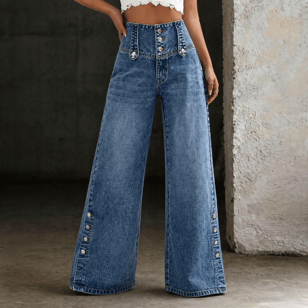 Sephira | Women's High Waist Slit Hem Jeans - Wide Leg & Straight Leg Denim Pants