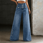 Sephira | Women's High Waist Slit Hem Jeans - Wide Leg & Straight Leg Denim Pants