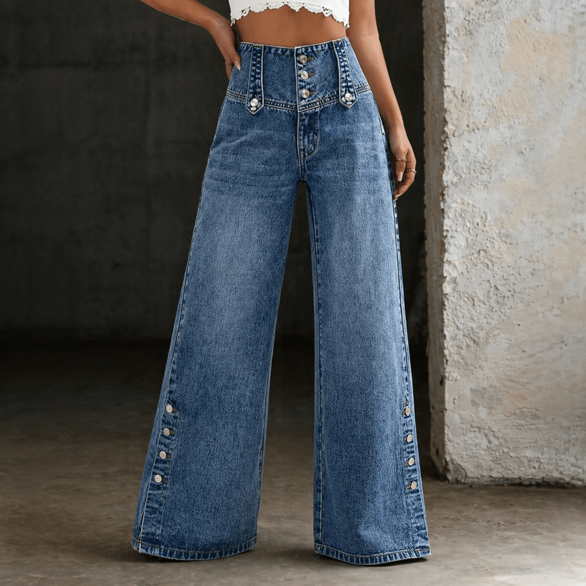 Sephira | Women's High Waist Slit Hem Jeans - Wide Leg & Straight Leg Denim Pants