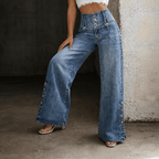 Sephira | Women's High Waist Slit Hem Jeans - Wide Leg & Straight Leg Denim Pants