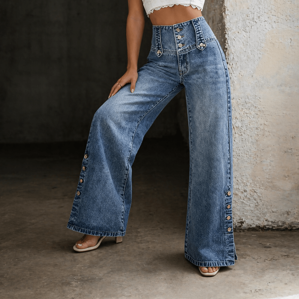 Sephira | Women's High Waist Slit Hem Jeans - Wide Leg & Straight Leg Denim Pants