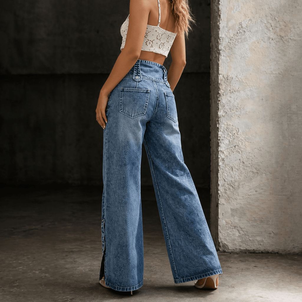 Sephira | Women's High Waist Slit Hem Jeans - Wide Leg & Straight Leg Denim Pants