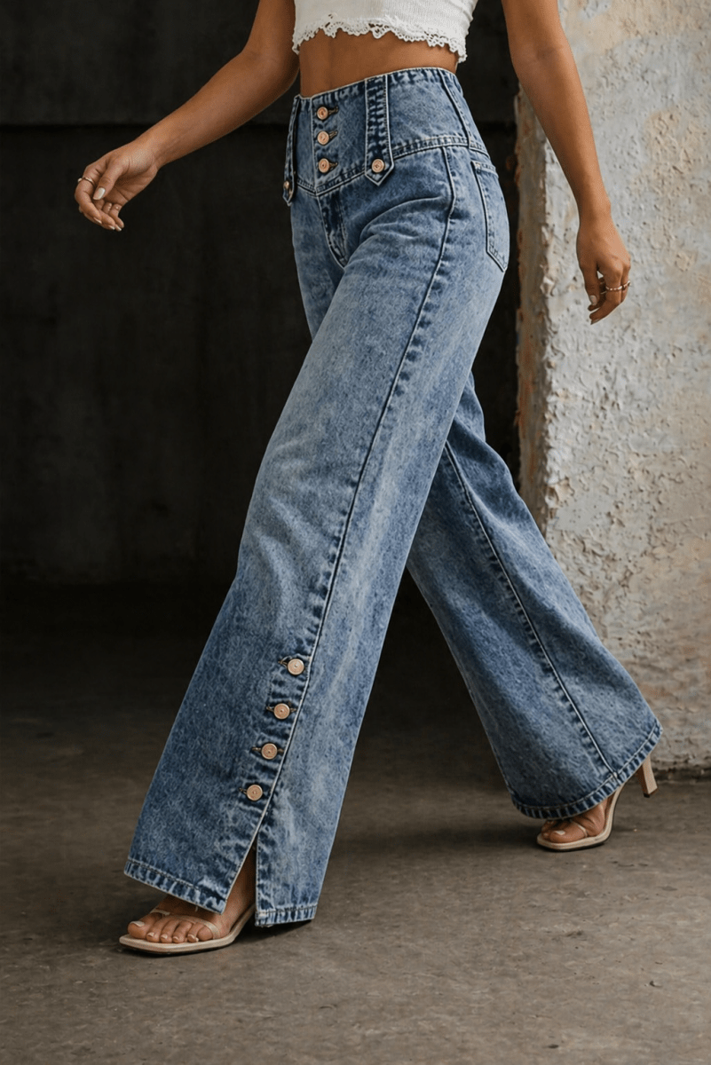 Sephira | Women's High Waist Slit Hem Jeans - Wide Leg & Straight Leg Denim Pants