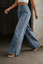 Sephira | Women's High Waist Slit Hem Jeans - Wide Leg & Straight Leg Denim Pants