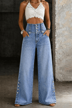 Sephira | Women's High Waist Slit Hem Jeans - Wide Leg & Straight Leg Denim Pants Blue