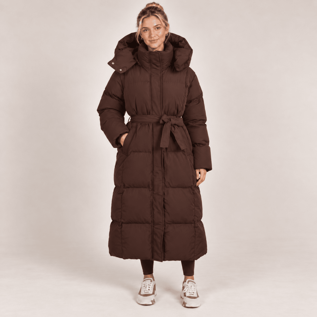Long Puffer Coat Women Hooded Belted Padded Winter Brown
