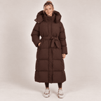 Long Puffer Coat Women Hooded Belted Padded Winter Brown