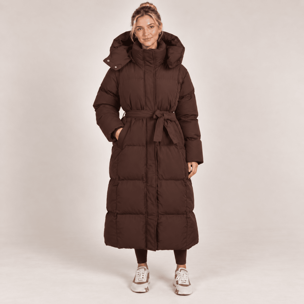 Long Puffer Coat Women Hooded Belted Padded Winter Brown