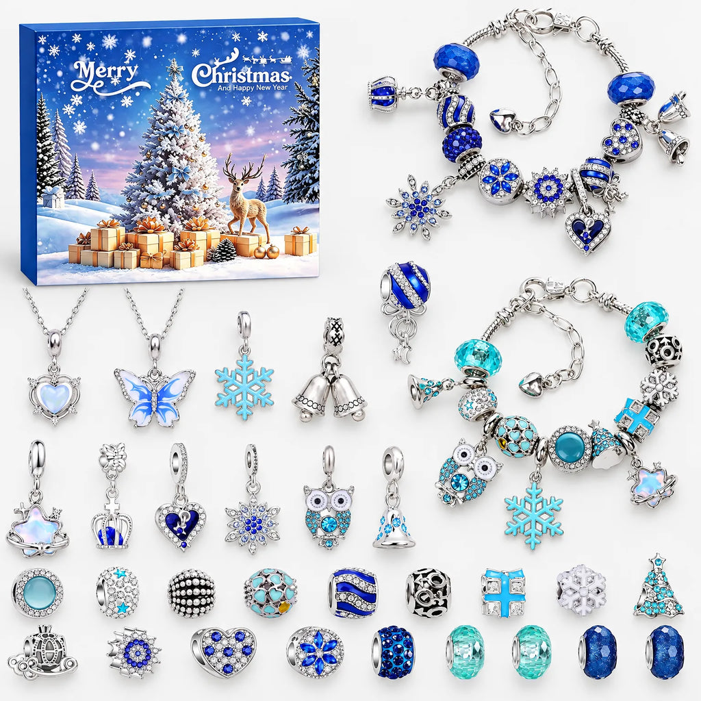 Charm Bracelet Advent Calendar for Girls – 2 Silver Plated Bracelets & 22 Charms and Beads, DIY Bracelet Set, 9 Designs Design A