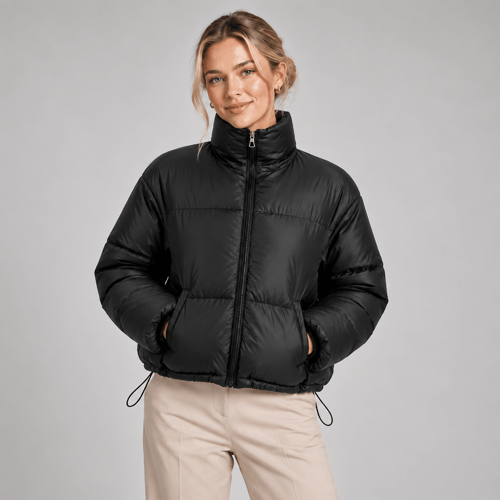 Cropped Puffer Jacket Women High Neck Oversized Drawcord Hem 2