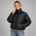 Cropped Puffer Jacket Women High Neck Oversized Drawcord Hem
