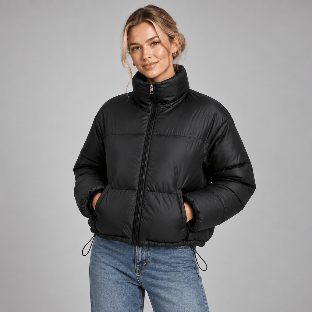 Cropped Puffer Jacket Women High Neck Oversized Drawcord Hem