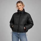 Cropped Puffer Jacket Women High Neck Oversized Drawcord Hem
