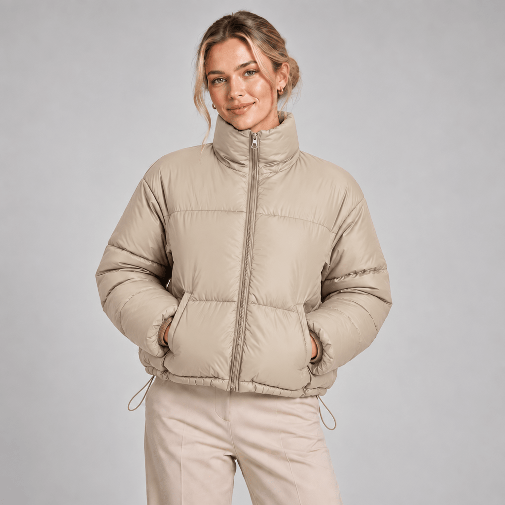 Cropped Puffer Jacket Women High Neck Oversized Drawcord Hem