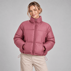 Cropped Puffer Jacket Women High Neck Oversized Drawcord Hem