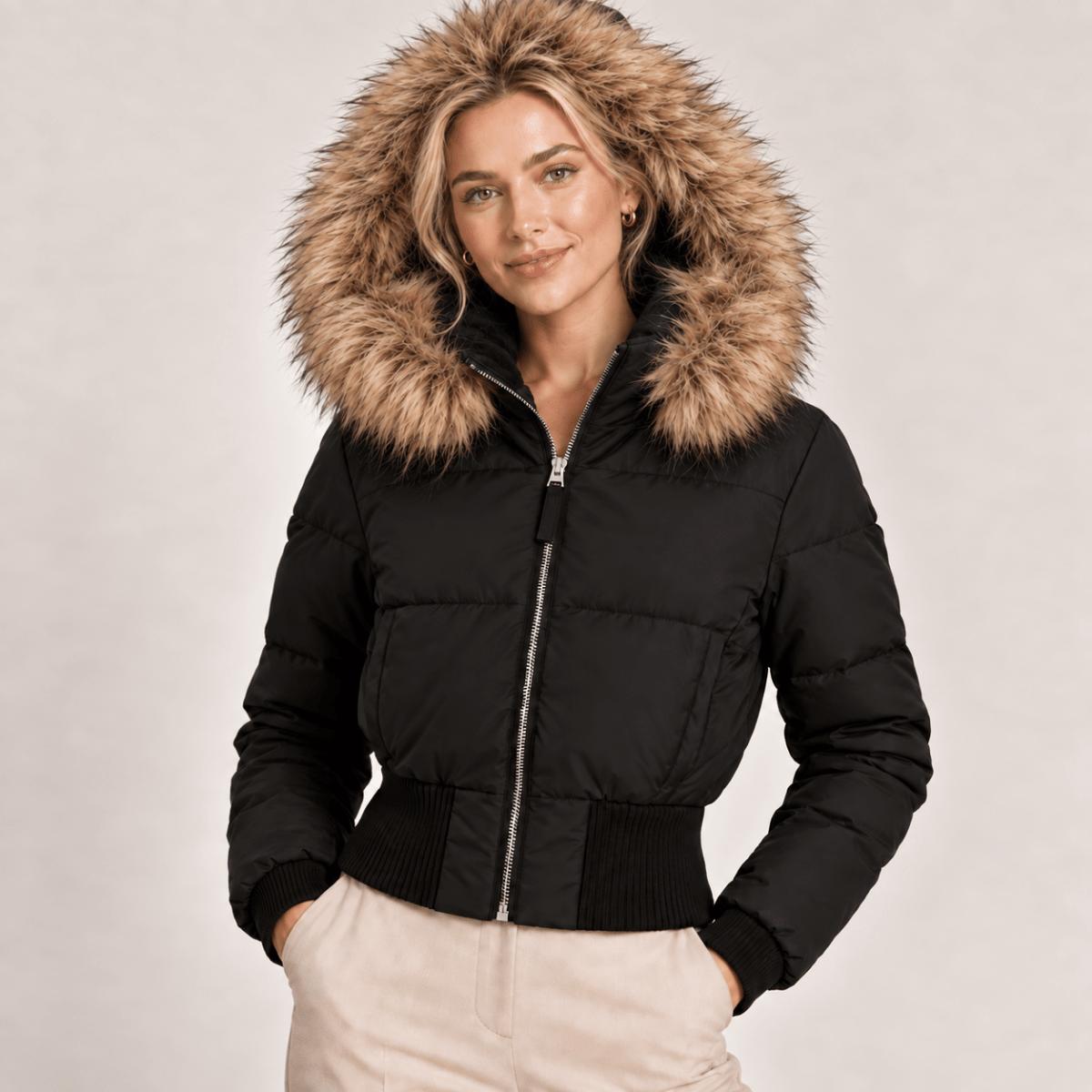 Cropped Puffer Jacket Women with Faux Fur Hood