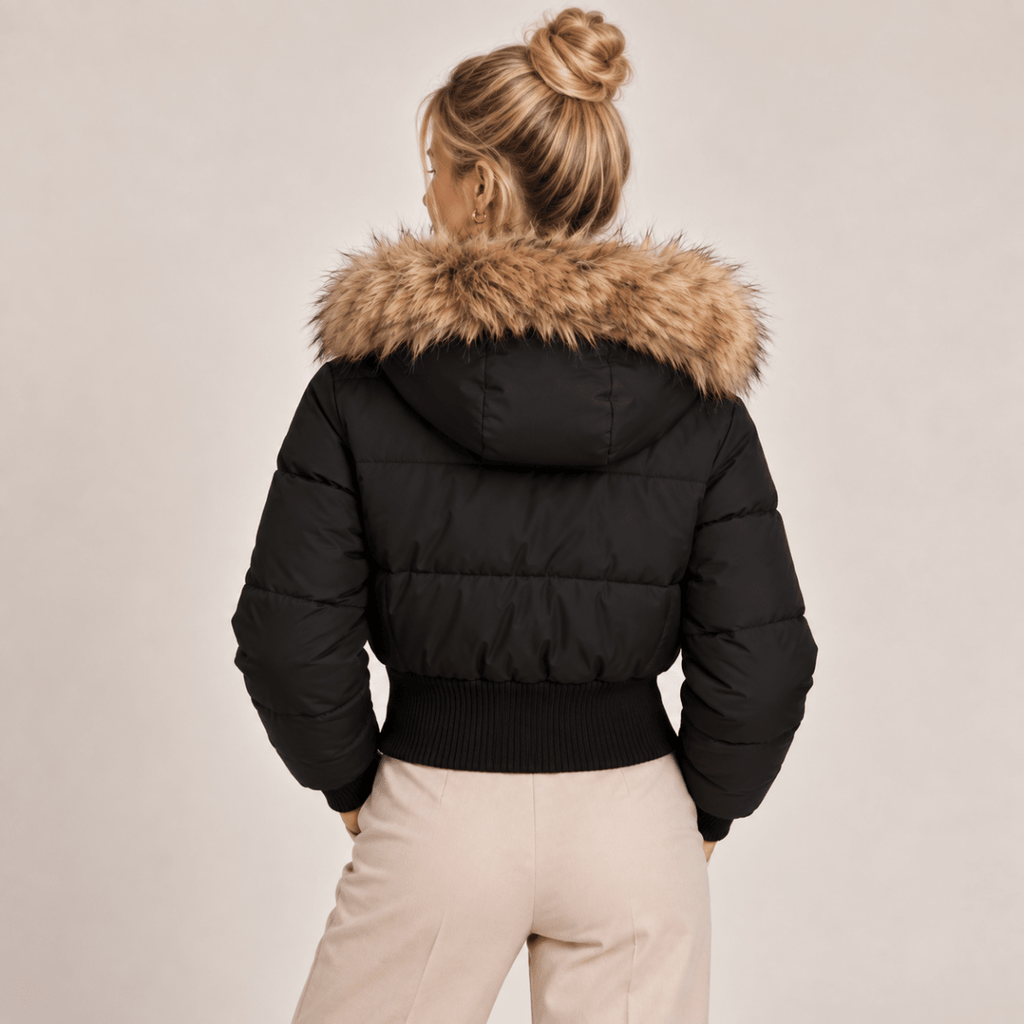 Cropped Puffer Jacket Women with Faux Fur Hood