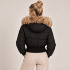Cropped Puffer Jacket Women with Faux Fur Hood