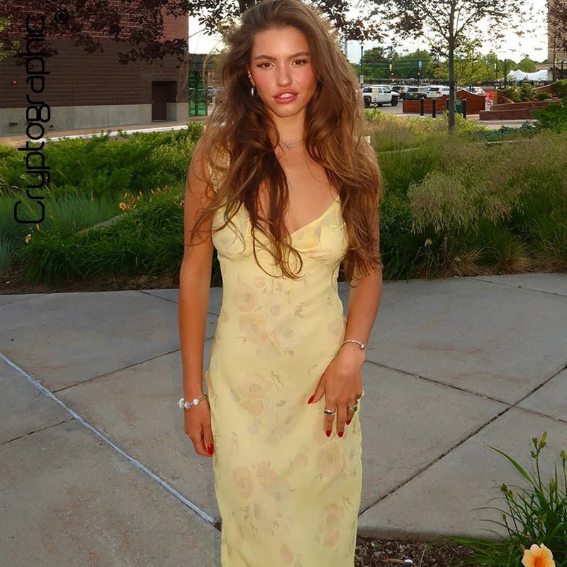 Cryptographic Summer Floral Print Plunge Maxi Dress Outfits Sexy Backless Fairy Sun Dresses Vacation Beachwear Vestido Coquette 0