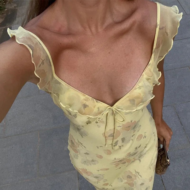 Cryptographic Summer Floral Print Plunge Maxi Dress Outfits Sexy Backless Fairy Sun Dresses Vacation Beachwear Vestido Coquette 1