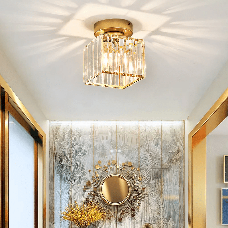 Modern Crystal Ceiling Lamp – Crystal Flush Mount Ceiling Light with Brass Fixture, Round or Square, Gold or Black – CrystalGlow