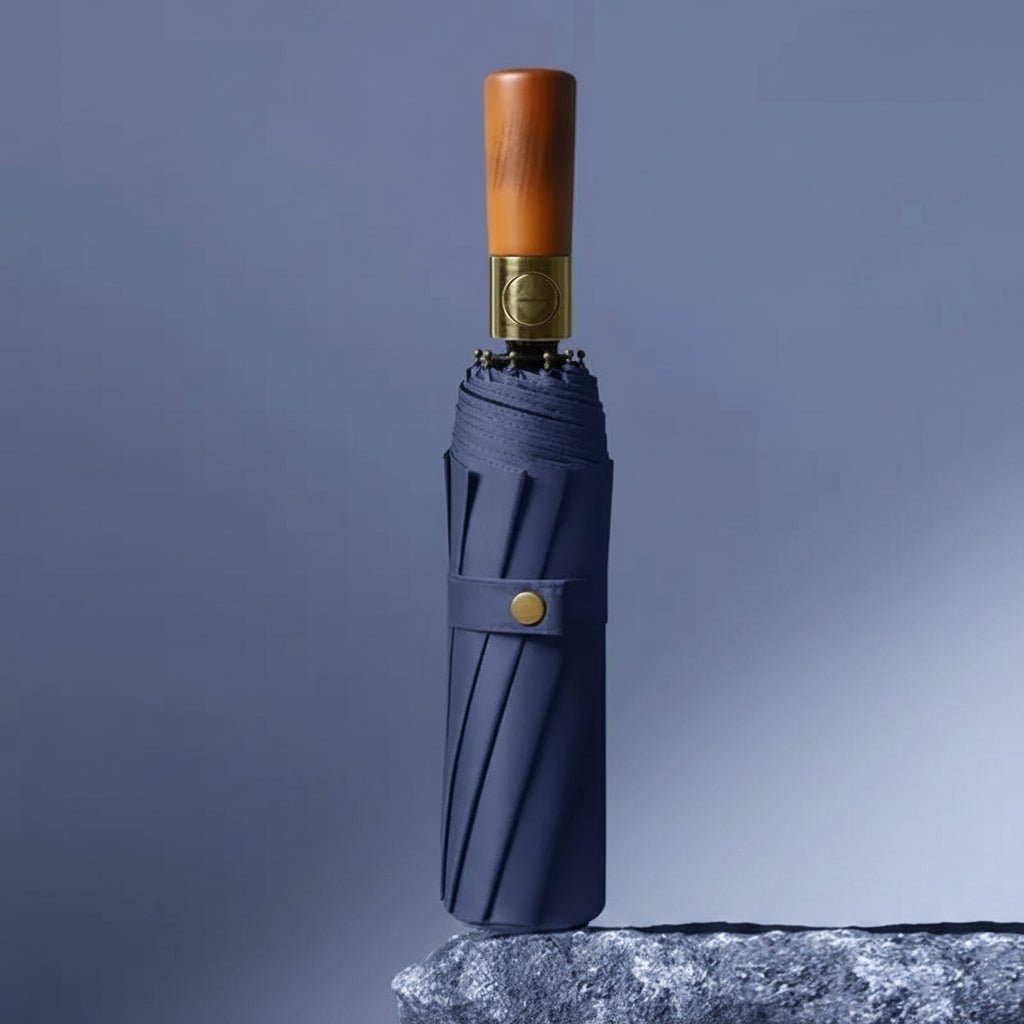 Automatic Folding Umbrella with Wooden Handle – Windproof Large Canopy Rain Umbrella, Black, Navy or Red Navy Blue