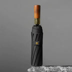 Automatic Folding Umbrella with Wooden Handle – Windproof Large Canopy Rain Umbrella, Black, Navy or Red Black
